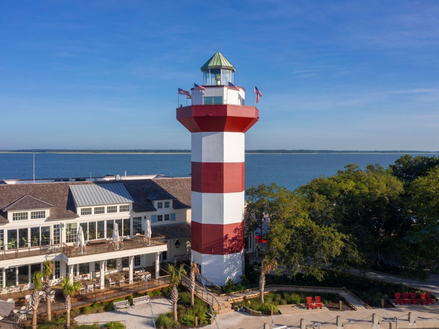 Aerial image of the harbour town lighthouse