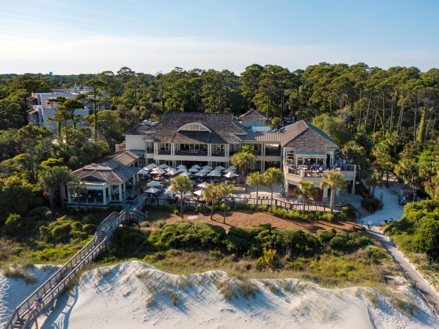An aerial view of the Sea Pines Beach Club at The Sea Pines Resort. 