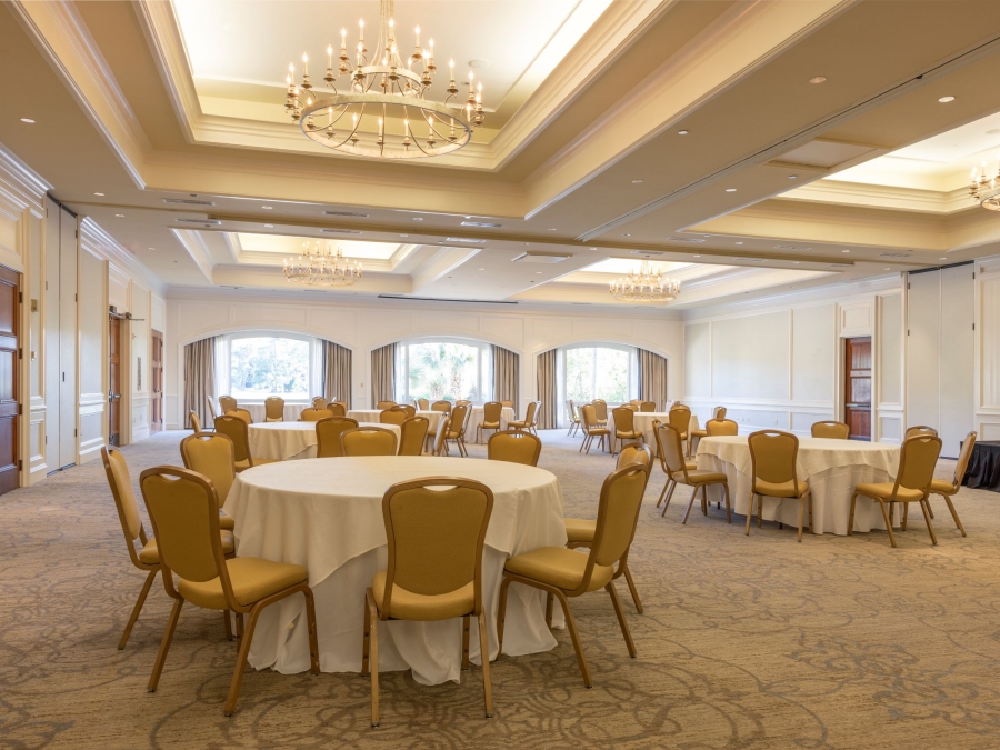 Champions Ballroom in the Harbour Town Clubhouse setup with round tables. 