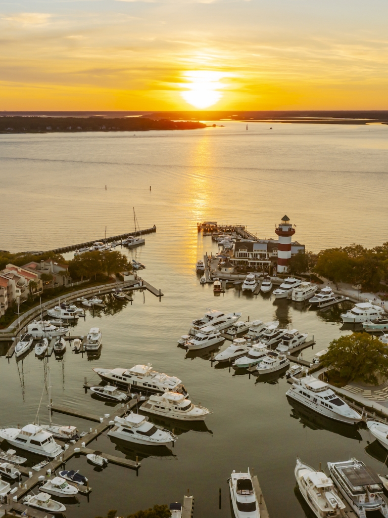 Ariel image of the harbour town marina at sunset
