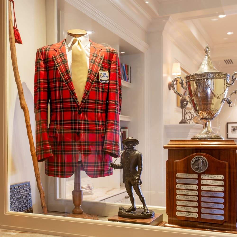 RBC Heritage jacket and trophy in a display case