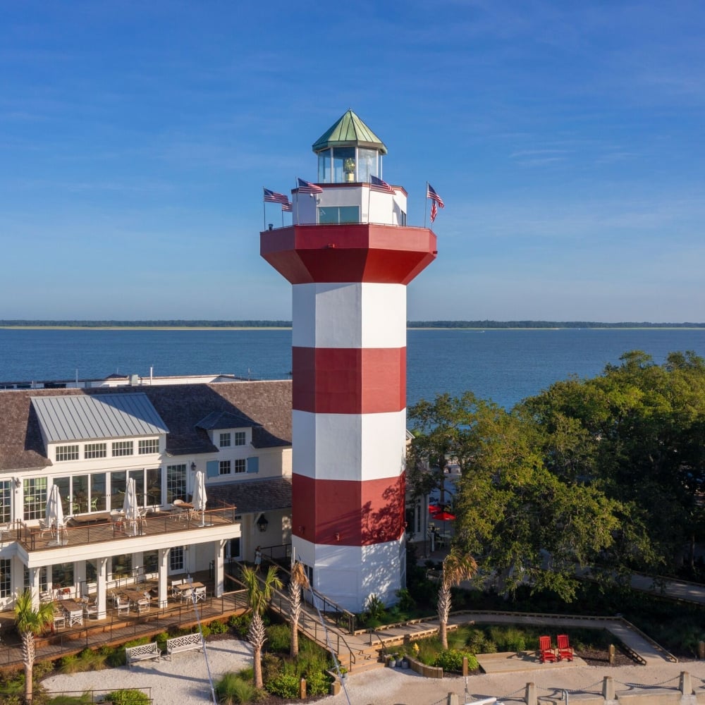Aerial image of the harbour town lighthouse