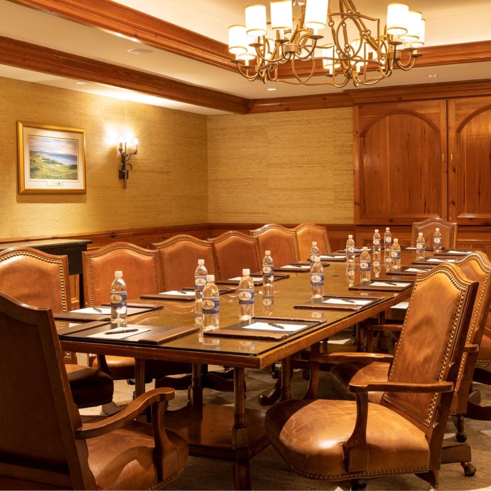 The Davis Love III Boardroom in the Harbour Town Clubhouse setup for a meeting. 